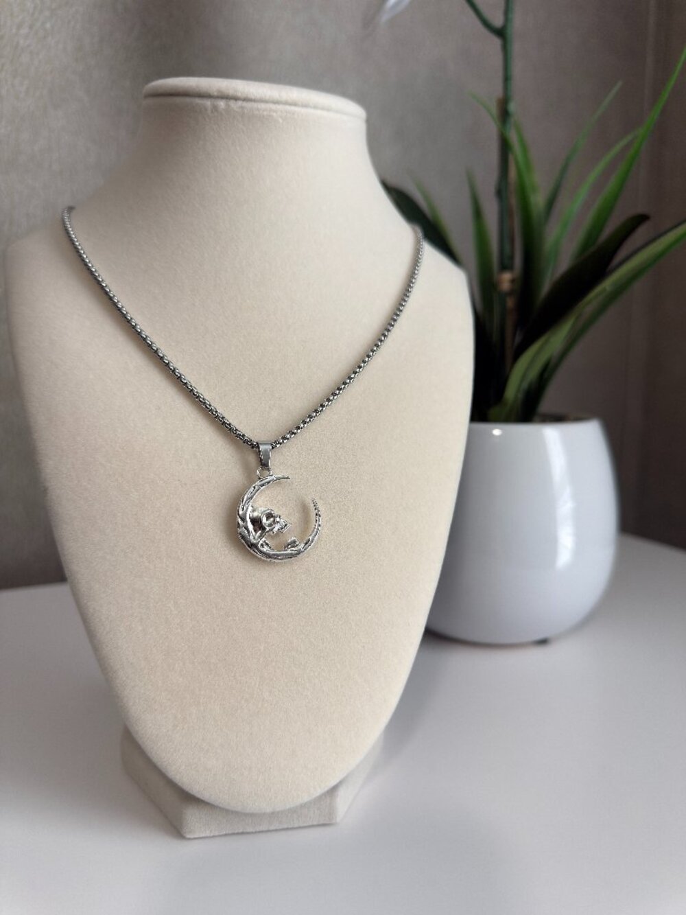 Unisex Silver Tone Skull Moon Stainless Steel Necklace 22''